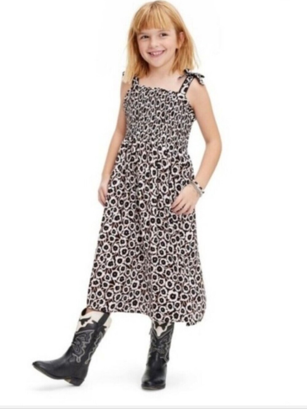 Diane Von Furstenberg Black Brown Cream Smocked Dress Tie Straps Girl Size L